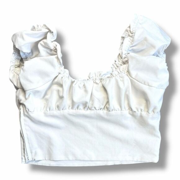 Lottie Moss White Ruffled Puff Sleeve Cropped Blouse Sz M - Picture 6 of 12